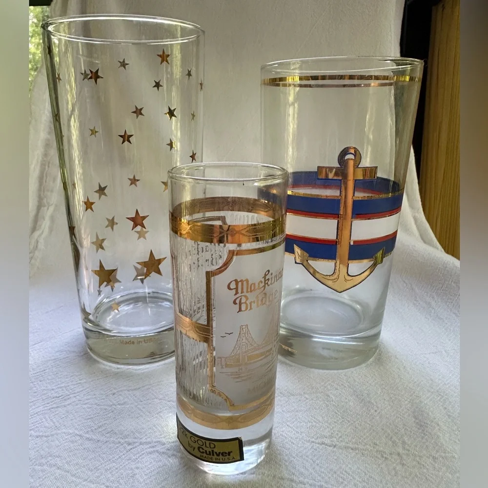 Nostalgic Nautical Anchor & Stripes Vintage Culver Gold Accent Highball Tumbler